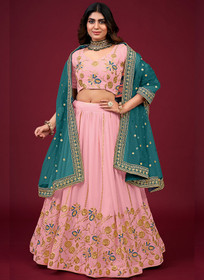 Beautiful Pink And Blue Multi Embroidery Wedding Lehenga Choli185