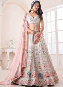 Beautiful Pearl White Multi Embroidery Wedding Lehenga Choli With Belt196