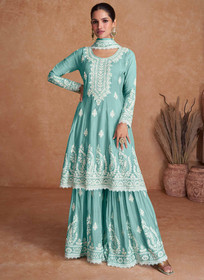 Beautiful Teal Blue Thread Work Embroidery Wedding Gharara Style Suit170