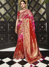 Beautiful Red And Pink Handwork Embroidery Silk Saree212