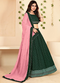 Beautiful Dark Green Golden Block Printed Georgette Lehenga Choli279