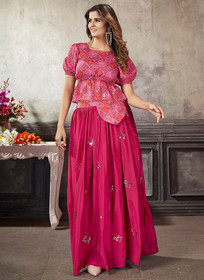 Beautiful Hot Pink Sequence Embroidery Traditional Flared Skirt And Top280