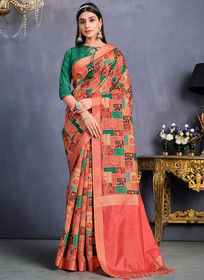 Beautiful Orange Floral Print And Sequence Silk Saree288