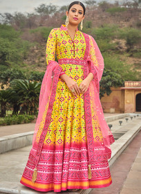 Beautiful Yellow And Pink Multicoloured Printed Silk Designer Anarkali Gown301