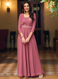 Beautiful Rose Pink Minimalist Embroidery Flared Gown With Belt315