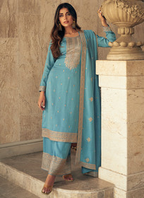 Beautiful Sky Blue Sequence Embroidery Silk Palazzo Suit329