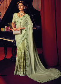 Beautiful Lime Green Appliqu And Sequence Embroidery Partywear Saree373