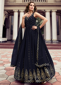 Beautiful Navy Blue Sequence Embroidery Wedding Anarkali Gown385