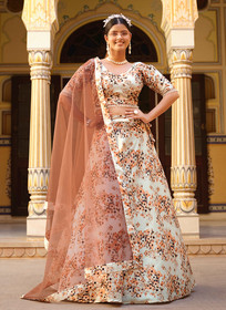 Beautiful White And Orange Floral Printed Silk Lehenga Choli407