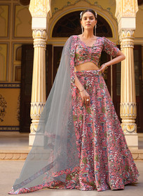 Beautiful Pink And Grey Floral Printed Silk Lehenga Choli408