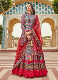 Beautiful Red And Blue Ikat Prints And Embroidered Silk Anarkali Gown471