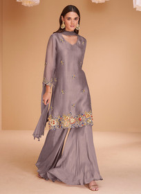 Beautiful Lavender Multi Embroidery Festive Kurti And Gharara Suit475