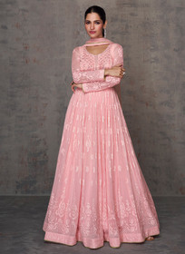 Beautiful Soft Pink Lucknowi Mirror Work Embroidery Anarkali Gown497