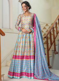 Beautiful Blue Sequence Embroidery Digital Printed Anarkali Suit749