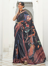 Beautiful Black Multicolored Digital Printed Crape Silk Saree761