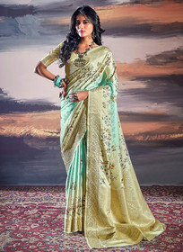 Beautiful Yellow And Teal Brocade Weaved Satin Silk Saree770