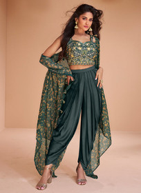 Beautiful Dark Green Mirror Work Embroidered Cape Style Co-Ord Dhoti Set811