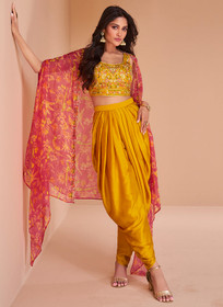 Beautiful Yellow And Red Mirror Work Embroidered Cape Style Co-Ord Dhoti Set813