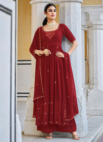 Beautiful Red Mirror Work Embroidery Pleated Anarkali Palazzo Suit816