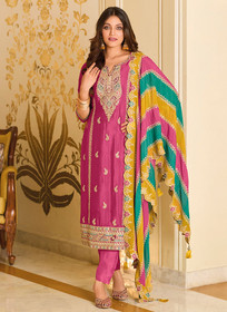 Beautiful Pink Multi Embroidery Traditional Pant Style Suit818