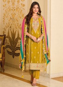 Beautiful Yellow Multi Embroidery Traditional Pant Style Suit819