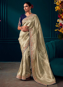 Beautiful Beige Golden Multi Embroidered Traditional Silk Saree834