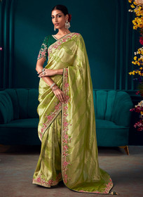 Beautiful Green Golden Multi Embroidered Traditional Silk Saree836