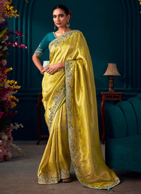 Beautiful Yellow Multi Embroidered Traditional Silk Saree 839