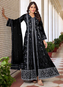 Beautiful Black Sequence Embroidery Slit Style Anarkali Pant Suit867