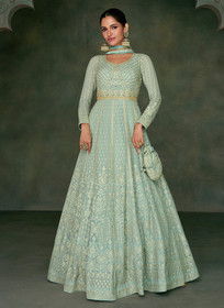 Beautiful Sea Green Lucknowi Embroidery Wedding Anarkali Gown872