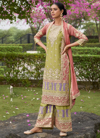 Beautiful Lime Green And Peach Mirror Work Embroidery Palazzo Suit873