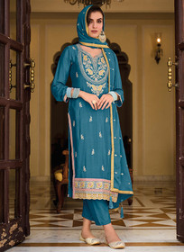 Beautiful Turquoise Sequence Embroidery Designer Pant Style Suit877