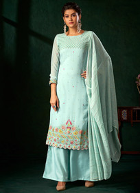 Beautiful Sky Blue Multi Embroidery Traditional Palazzo Suit922