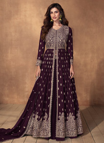 Beautiful Deep Wine Embroidery Slit Style Traditional Anarkali Lehenga Suit935