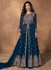 Beautiful Royal Blue Embroidery Slit Style Traditional Anarkali Lehenga Suit937
