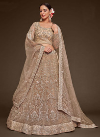 Beautiful Beige Golden Resham Thread Embroidery Lehenga Choli And Dupatta973