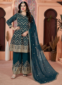 Beautiful Turquoise Golden Sequence Embroidery Traditional Palazzo Suit984