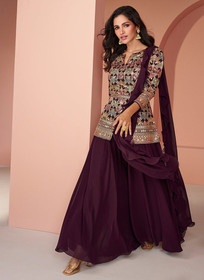 Beautiful Deep Wine Multi Embroidery Designer Palazzo Kurti998