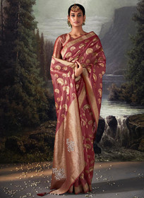 Beautiful Rani Pink Crystal Stone Embellished Brocade Silk Saree1013