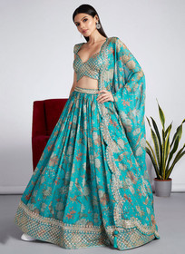 Beautiful Turquoise Sequence Embroidery Printed Lehenga Choli And Dupatta1032