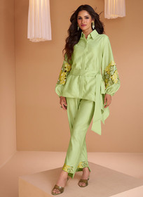 Beautiful Lime Green Floral Print And Handwork Embellished Co-Ord Set1045