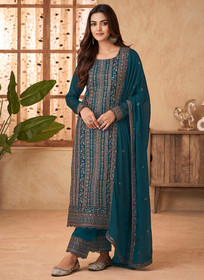 Beautiful Turquoise Sequence Embroidery Pant Style Suit1051