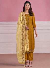 Beautiful Yellow Two Tone Chikankari Embroidery Pant Suit1054