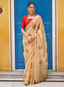 Beautiful Yellow And Red Floral Organza Silk Saree With Sequence Embroidered Blouse1068