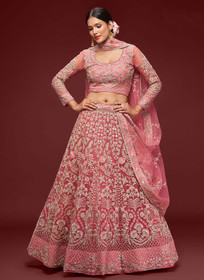 Beautiful Coral Pink Resham Thread Embroidery Lehenga Choli And Dupatta1088