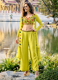 Beautiful Lime Green Multi Embroidered Jacket Style Co-Ord Set1106