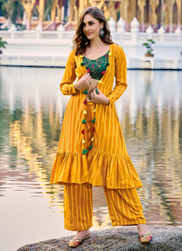 Beautiful Yellow And Green Multi Embroidered Jacket Style Co-Ord Set1108