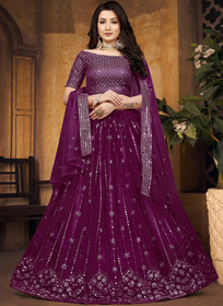 Beautiful Plum Purple Mirror Work Net Lehenga Choli1156