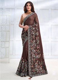 Beautiful Brown Multi Sequence Embroidery Silk Wedding Saree1186