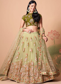 Beautiful Olive Green Multi Embroidery Wedding Lehenga Choli1200